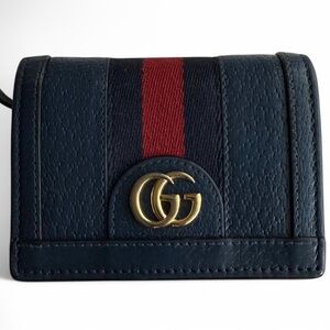 Authentic Gucci Vintage Navy Blue GG Bifold Snap Wallet Italy Leather Red